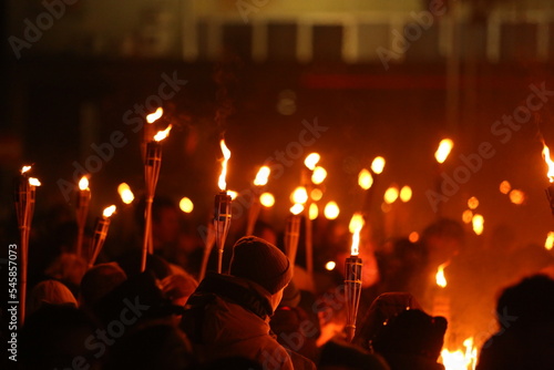 Torches at night with yellow flames and highlights