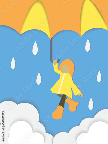  Clouds, rain, yellow coat child and umbrella on blue background. Vector illustration