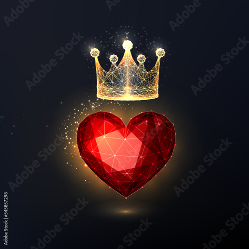 Abstract red heart and gold crown in futuristic glowing low polygonal style on black background