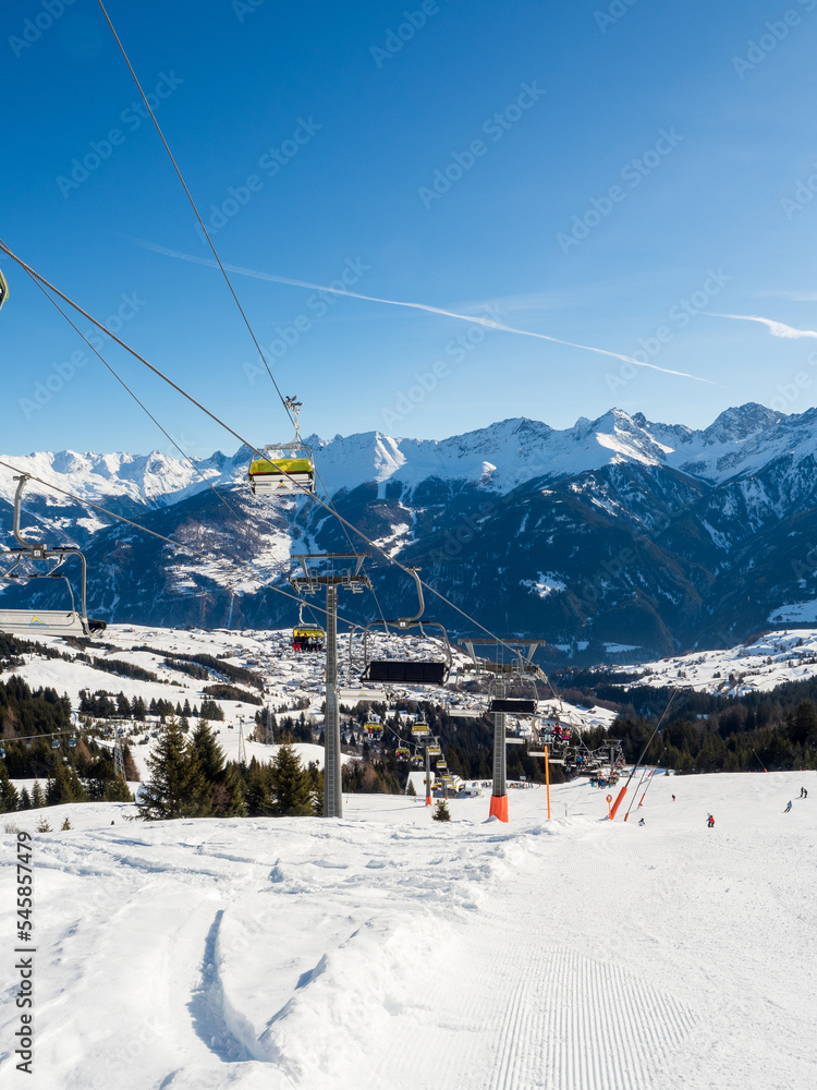 Slope view with funicular in winter in resort Ladis, Fiss, Serfaus in ski resort in Tyrol.