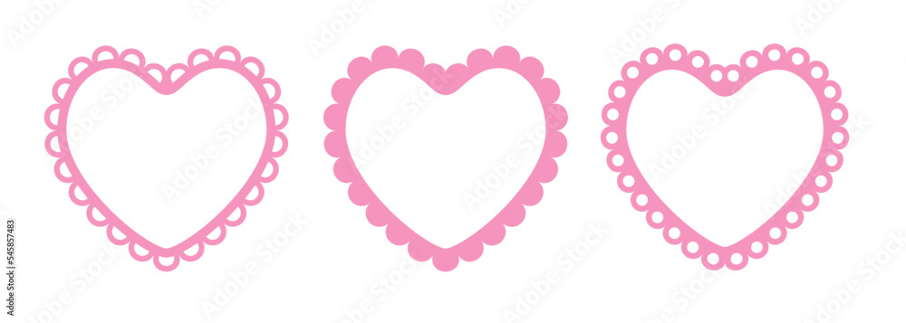Scalloped edge heart shapes set. Simple heart scalloped border. Fabric laces silhouette frame. Repeat cute vintage frill ornament. Texture ribbons. Vector illustration isolated on white background. Scalloped edge heart shapes set. Simple heart scalloped border. Fabric laces silhouette frame. Repeat cute vintage frill ornament. Texture ribbons. Vector illustration isolated on white background.
