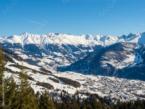 Panoramic view on city in winter in resort Ladis, Fiss, Serfaus in ski resort in Tyrol.