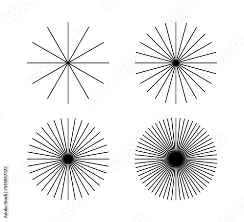 Radial circle lines. Circular radiating lines geometric element. Sun star rays symbol. Abstract geometric shapes. Design element. Vector illustration isolated on white background.