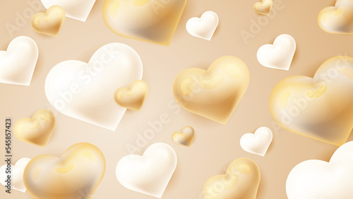 Beige gold pastel and white Valentine christmas new year 3d design background with love heart shaped balloon. Vector illustration, greeting banner, card, wallpaper, flyer, poster, brochure, wedding
