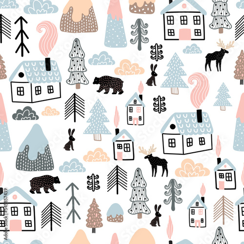 Winter in the Scandinavian forest. Cute seamless pattern with houses, animals and trees. Can be used in textile industry, paper, background, scrapbooking.Vector.