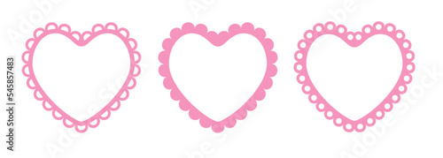 Scalloped edge heart shapes set. Simple heart scalloped border. Fabric laces silhouette frame. Repeat cute vintage frill ornament. Texture ribbons. Vector illustration isolated on white background.