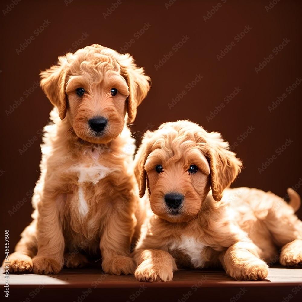 Golden Doodle puppies against a dark background