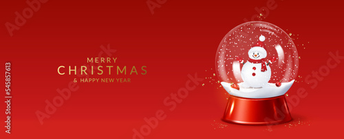 Christmas and New Year greeting card with transparent snow globe with Snowman.	
