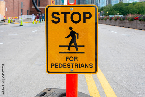 Closeup of a pedestrian crossing sign on street.