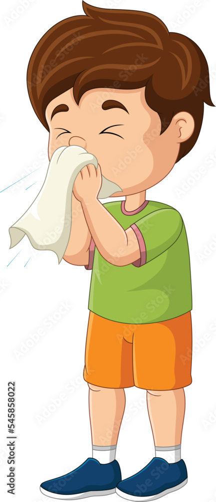 Cute little boy sneezing with blowing nose into tissue paper Cute little boy sneezing with blowing nose into tissue paper