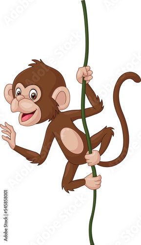 Cartoon baby monkey hanging on a tree branch