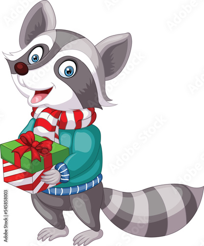 Cartoon raccoon holding a gift box
