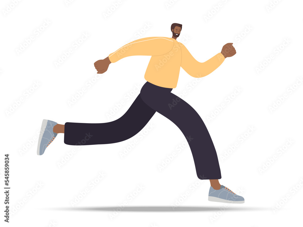Running young man. African American man wearing casual running. Person runs away from someone or goes in for sports. Colored flat cartoon vector illustration isolated on white background. Running young man. African American man wearing casual running. Person runs away from someone or goes in for sports. Colored flat cartoon vector illustration isolated on white background.