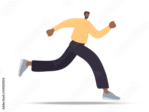Running young man. African American man wearing casual running. Person runs away from someone or goes in for sports. Colored flat cartoon vector illustration isolated on white background.