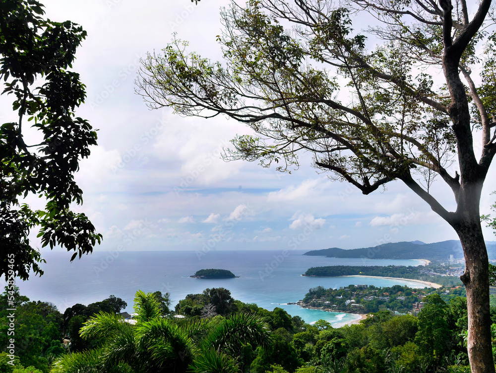 High angle view of famous Viewpoint, a tourist unseen Thailand of Phuket island. Overlooking bays, green forests, seas, mountains. Wallpaper High angle view of famous Viewpoint, a tourist unseen Thailand of Phuket island. Overlooking bays, green forests, seas, mountains. Wallpaper