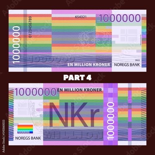 Vector game banknotes. The inscriptions in Norwegian mean - 1 000 000 crowns, bank of Norway. Rainbow obverse and reverse bills. Part 4