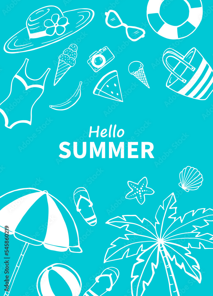 Fototapeta premium Frame hand drawn summer beach. Sea and ocean design template. Vector card templates.