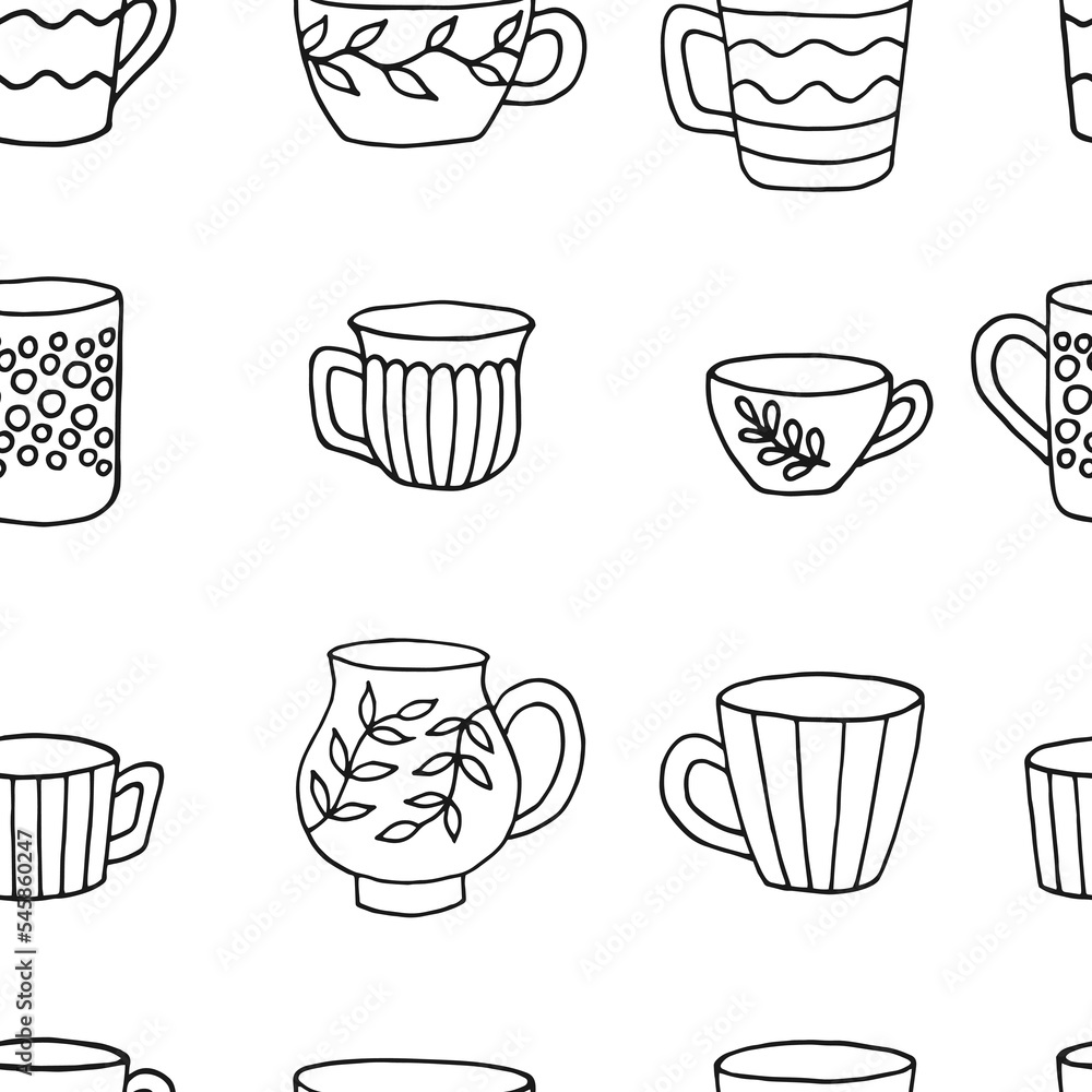 Seamless pattern with cup mug. Cup in doodle style. Hand drawn vector illustration. Seamless pattern with cup mug. Cup in doodle style. Hand drawn vector illustration.