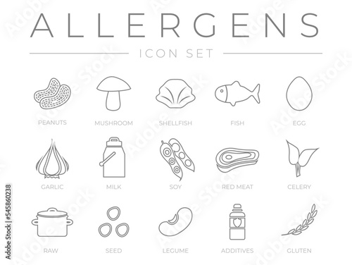 Allergens Outline Icon Set. Peanuts, Mushroom, Shellfish, Fish, Egg, Garlic, Milk, Soy Meat, Celery, Raw Food, Seed, Legume and Additives Gluten Allergy Icons