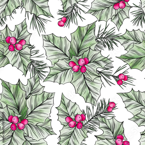 Watercolor christmas colorful seamless pattern. Holly leaves  pine branch and berries. Perfect for greetings  invitations  manufacture wrapping paper  textile and web design. 