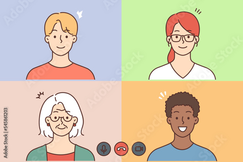 Diverse people talking on video call 
