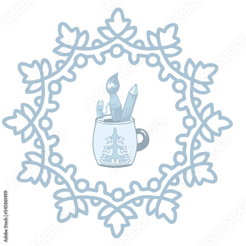 A cup with the image of a winter tree has become a stand for a brush and a pencil and a cat. Snowflakes around.