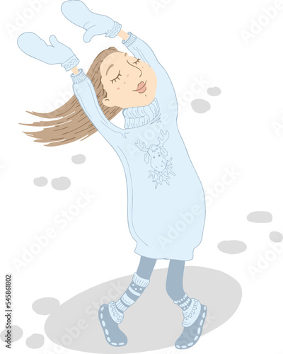Dancing girl in mittens and a warm sweater.