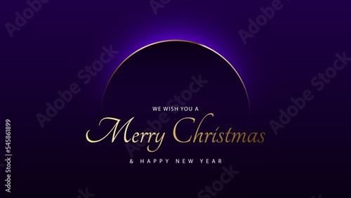 Minimalist purple premium abstract background with volume arc line gold Christmas ball shape. Luxury geometric minimal vector design holiday poster, greeting card, banner. Golden Merry Christmas text
