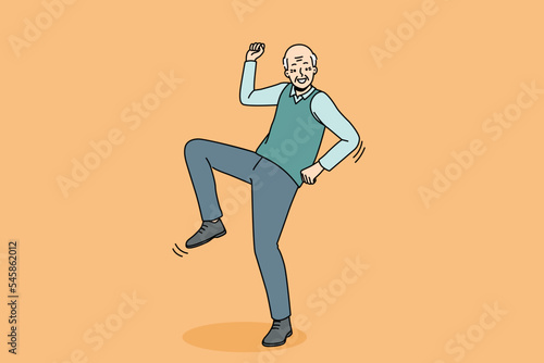 Happy elderly man have fun dancing. Smiling energetic old grandfather feel optimistic and positive moving. Healthy maturity. Vector illustration. 
