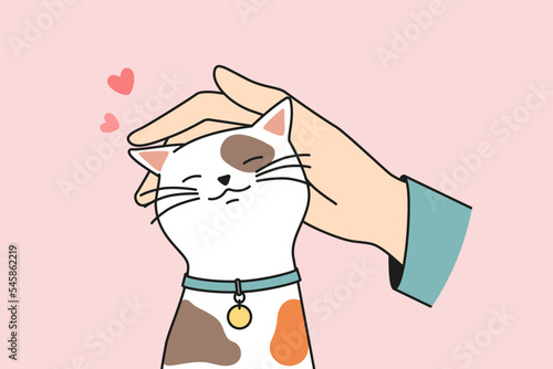 Person hand caress cute fluffy cat. Man or woman cuddle stroke happy kitten show love and care to domestic animal. Vector illustration. 
