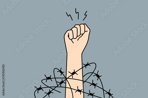 Close-up of hand in fist in wires thrive for independence and freedom. Raised hand with clenched fist fight for human rights. Vector illustration. 