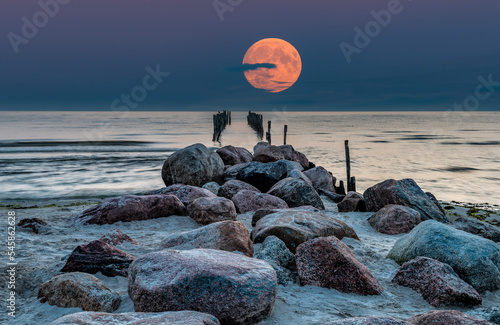 Tableau sur toile Coastal landscape with moonrise above horizon of the Baltic Sea
