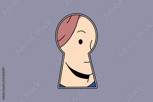 Woman peep in keyhole looking for secret or hidden information. Curious suspicious female interested in secrecy or gossips. Vector illustration. 