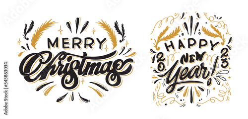 Happy winter holidays postcard. Merry Christmas and happy new year lettering. Holly jolly