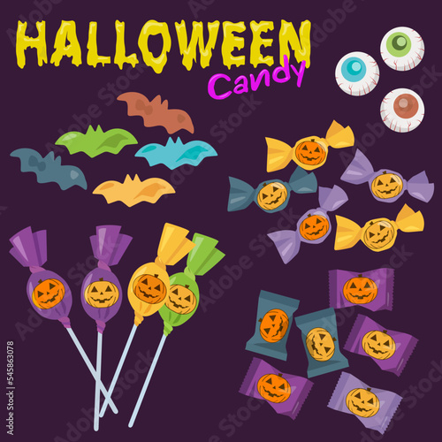 Halloween Candy Elements. Set of colorful Halloween sweets for children. Collection of cute caramel, jelly sweets, sugar bonbons, lollipops on sticks. Flat vector isolated on purple background.