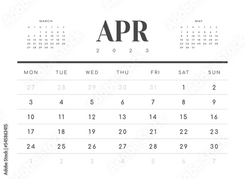 Monthly Calendar Template of april 2023. Vector layout simple calendar with week start monday.