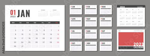 Set of 2023-2024 Calendar Planner Template, and cover with Place for Photo, Company Logo. Vector simple gray grid layout for wall or desk calendar with week start on Monday for print