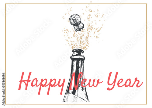 Happy New Year Hand drawn Illustration of Champagne explosion.