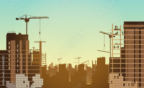 Construction site with a tower crane. Construction of residential buildings.Vector illustration