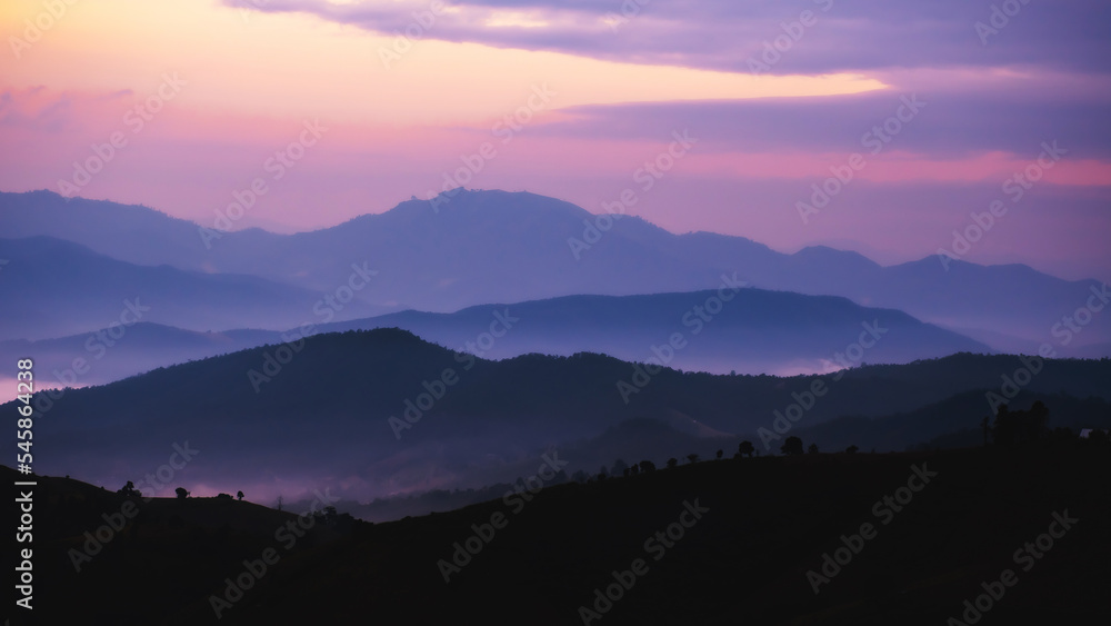 sunrise and sunset in mountains, Layers of mountain  Beautiful dark mountain landscape