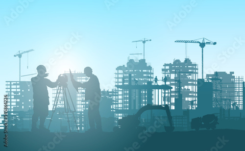 Silhouette building construction site with a tower crane and engineer and workers.Vector illustration