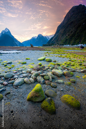 Green stone at milford sound New Zealand. photo