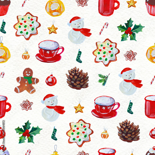 Watercolor Christmas seamless pattern. Hand painted holiday objects