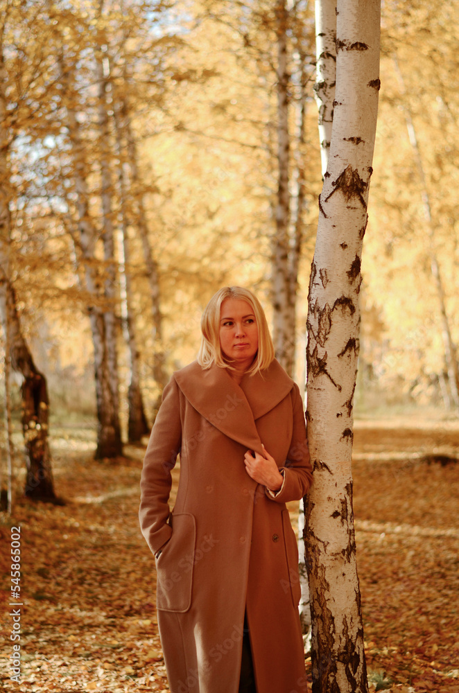 A happy woman in a yellow coat with autumn leaves in her hand and an autumn yellow garden or park. Beautiful smiling young woman in autumn foliage. A happy woman in a yellow coat with autumn leaves in her hand and an autumn yellow garden or park. Beautiful smiling young woman in autumn foliage.