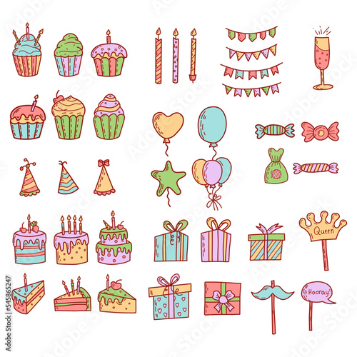 Birthday greeting party decorations. Gifts presents, cupcakes, celebration cake