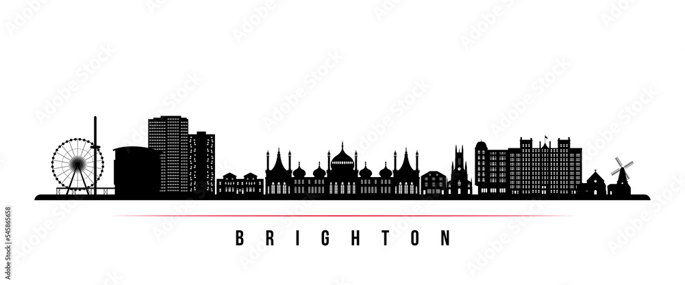 Brighton skyline horizontal banner. Black and white silhouette of Brighton, UK. Vector template for your design.