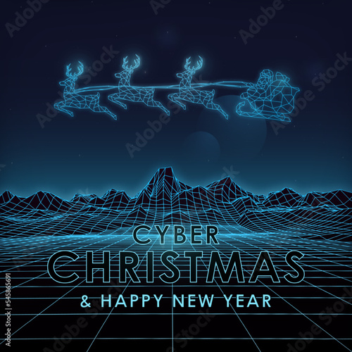 Cyber Christmas and Happy New Year. Futuristic retro landscape with mountains. Geometric Santa Claus on sleigh with gifts and flying reindeer. Suitable for 1980s style design.
