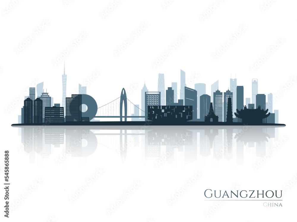 Guangzhou skyline silhouette with reflection. Landscape Guangzhou, China. Vector illustration.