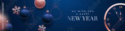 New Year Clock Countdown. New Year banner with hanging Christmas balls, snowflakes and a clock showing Five minutes to midnight.