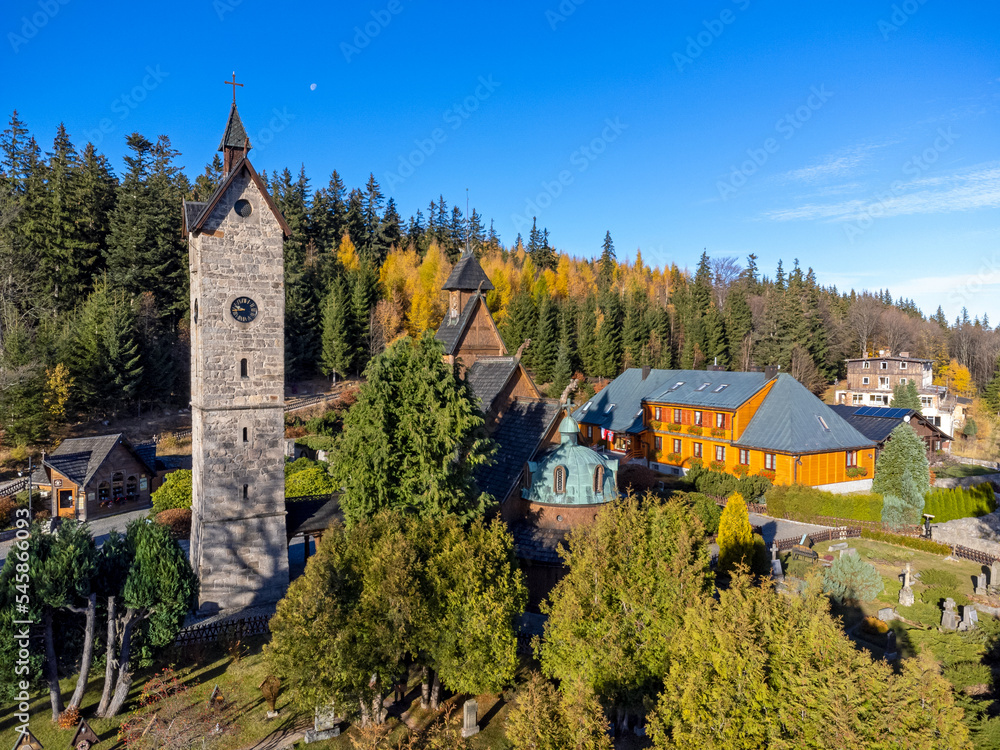 Old wooden Temple of Wang, church in Karpacz, Poland. Aerial view.